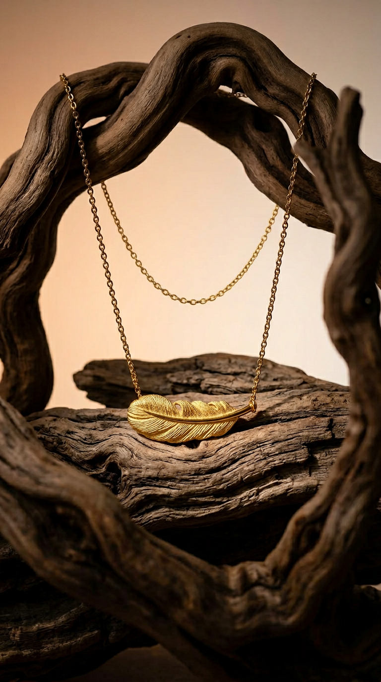 AI product shot of Love Décodé 999.9 Gold Feather Necklace