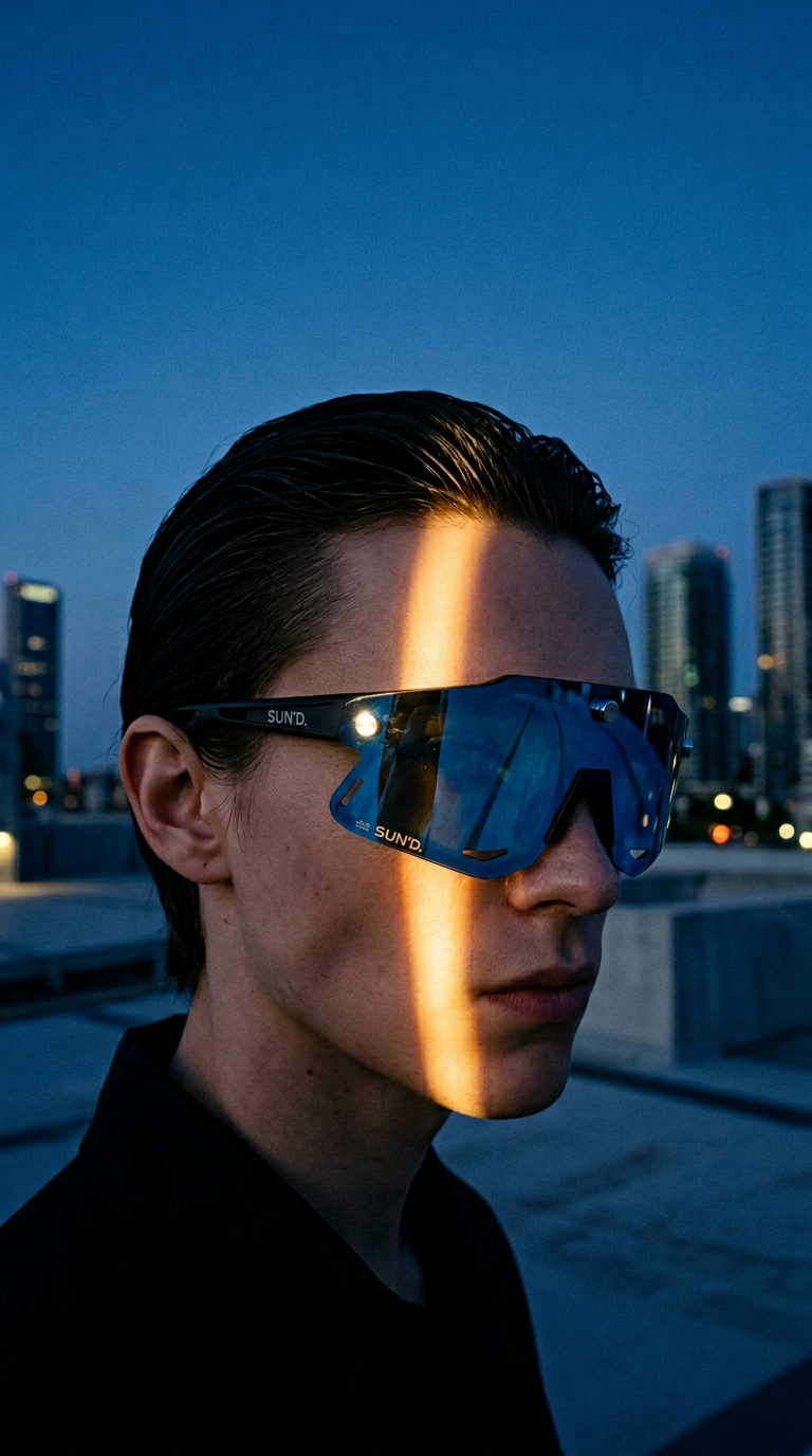 AI product shot of SUN’D Ice Blue Mirror – Occhiali Sportivi con Lenti Magnetiche UV400