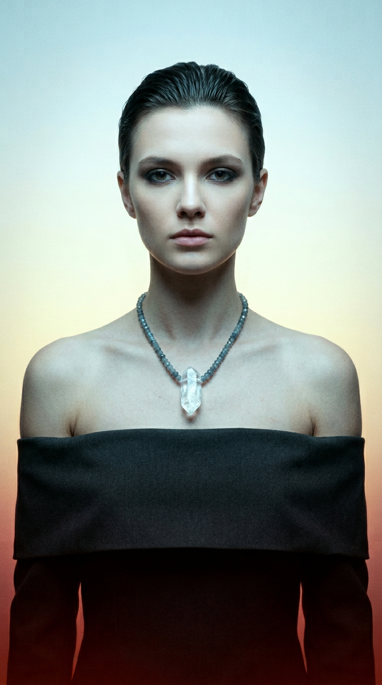 AI product shot of Origins Clear Quartz & Labradorite Beaded Necklace