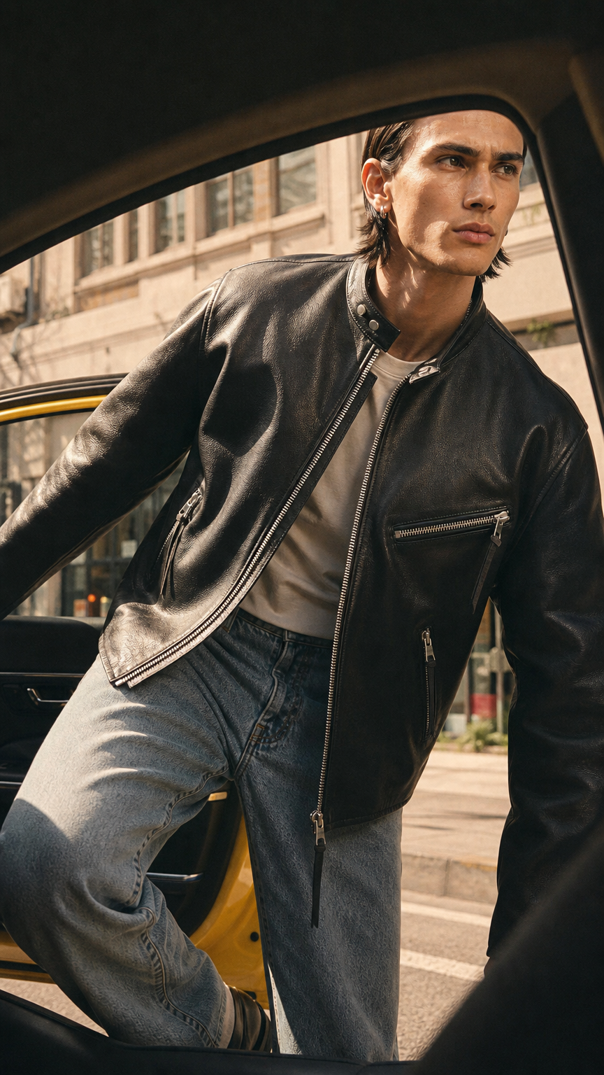 AI product shot of MKI CROPPED LEATHER RACER JACKET
