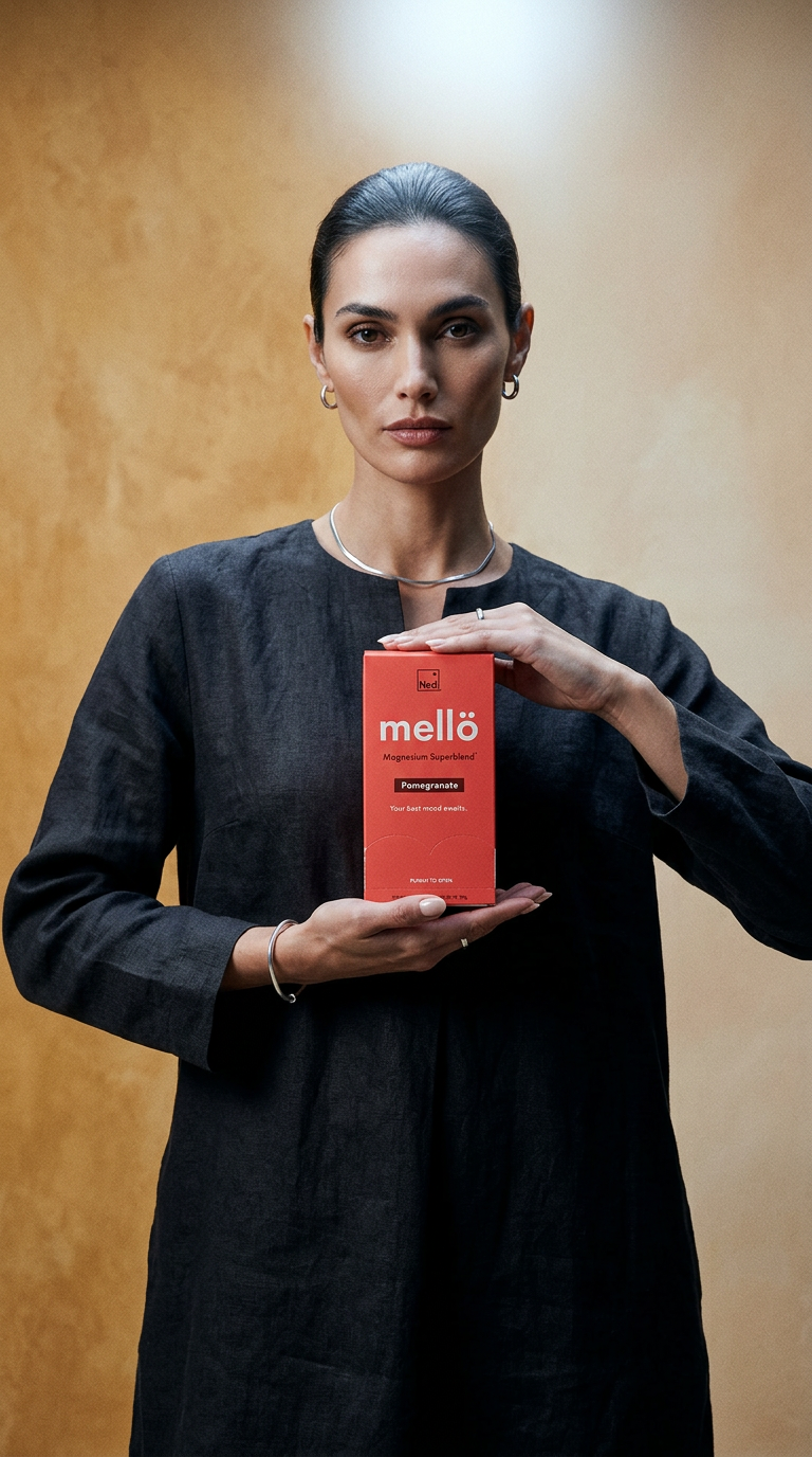 AI product shot of Mellö Magnesium | Pomegranate | 30 Travel Sticks