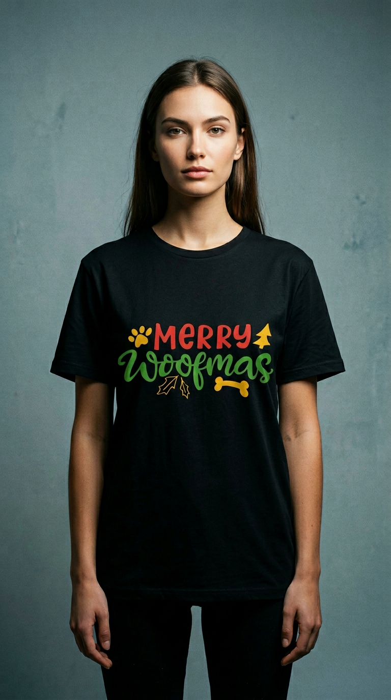 AI product shot of Merry Woofmas T-Shirt – Festive Dog Typography