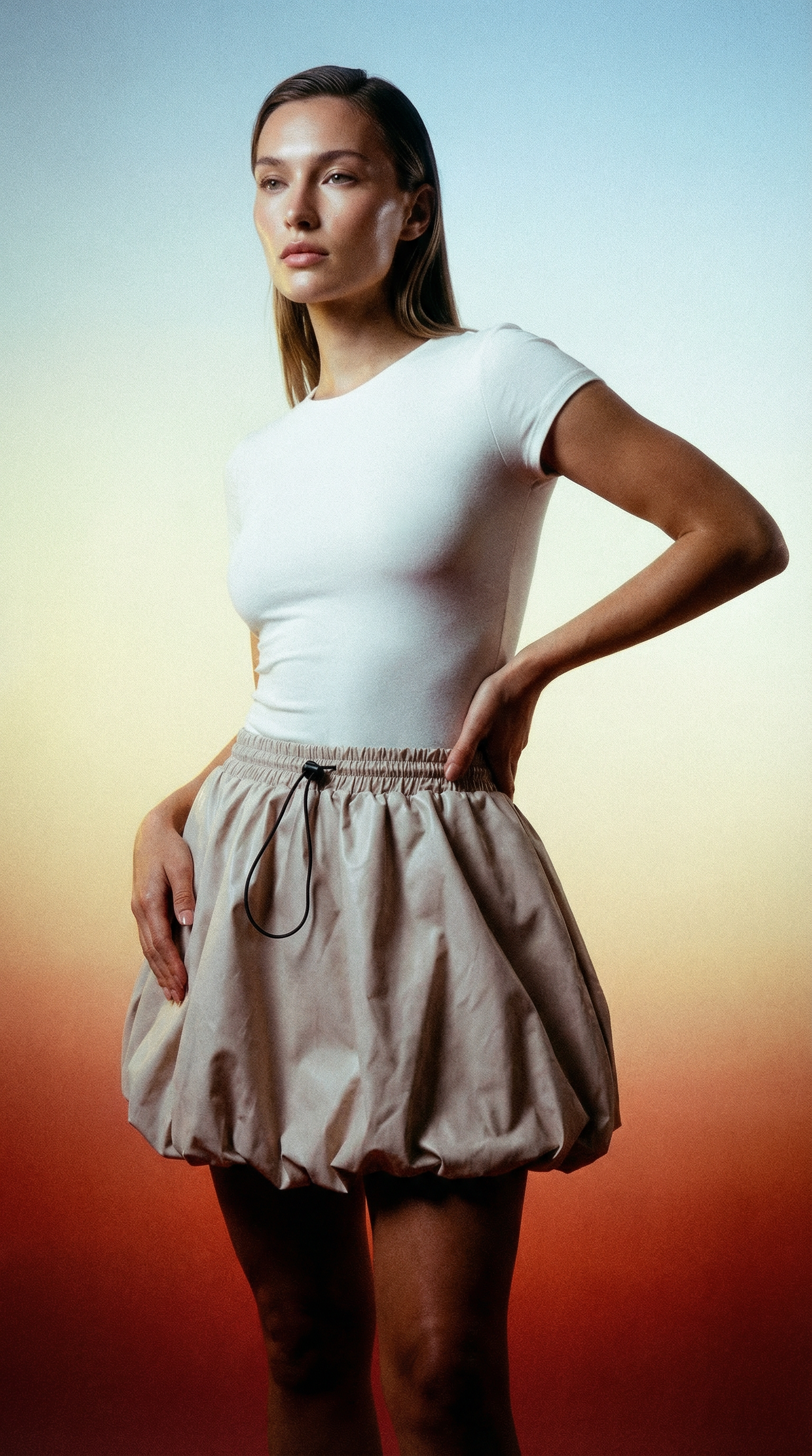 AI product shot of Spódnica bombka mini beżowa d020 k01