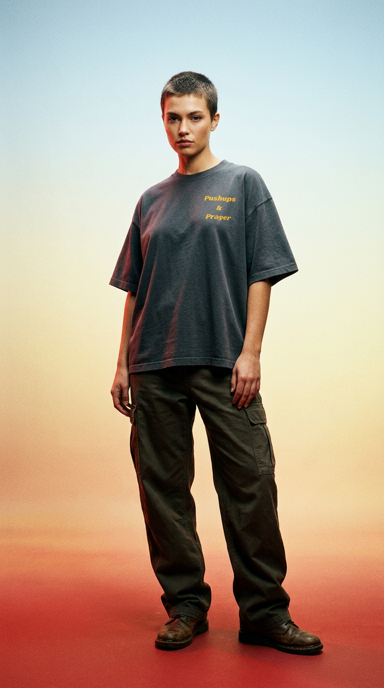AI product shot of Pushups & Prayer Vintage Oversized Tee