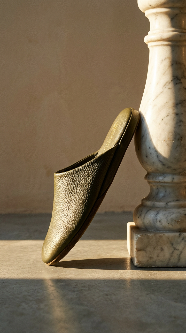 AI product shot of Globetrotter Glide Mules in Military Green Deerskin