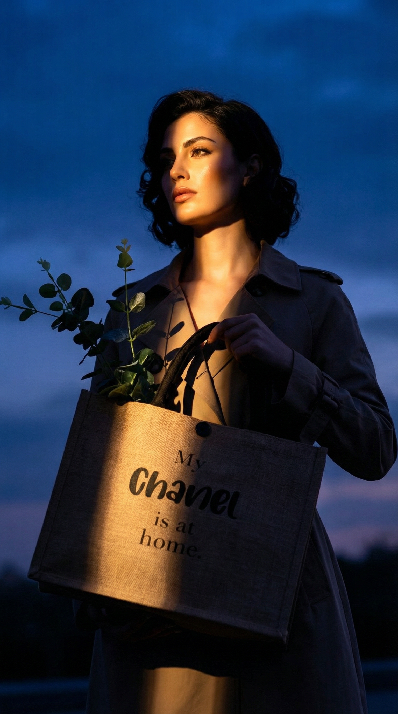 AI product shot of “My Luxury Bag Is at Home” – Designer Jute Tote Collection [Chanel]