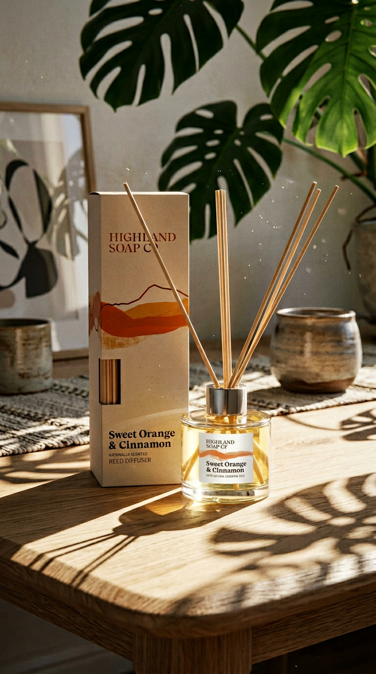 AI product shot of Sweet Orange & Cinnamon Reed Diffuser