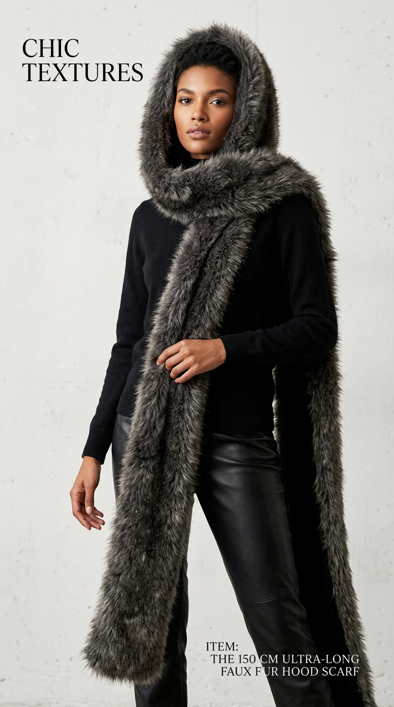 AI product shot of Suzon Vegan Fur Hooded Scarf Intense Grey
