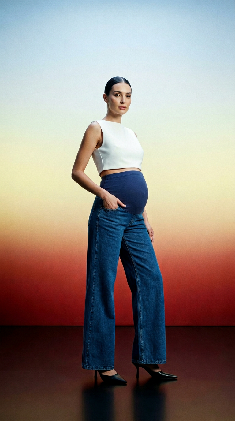 AI product shot of Stretchy Wide Leg Maternity Jeans – Elastic Belly Band