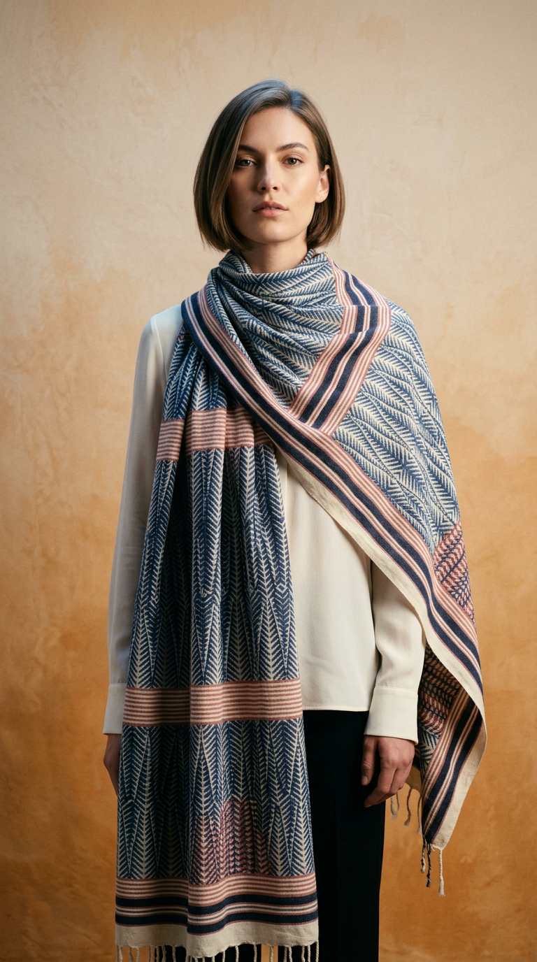 AI product shot of Scarf India Hand-block Red & Blue Cotton Khadi