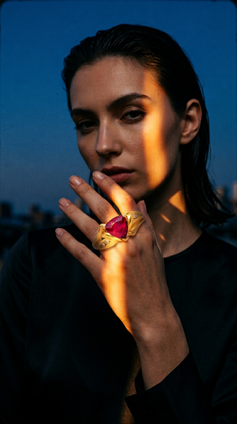 AI product shot of Heart-Shaped Ruby and Diamond Gold Ring