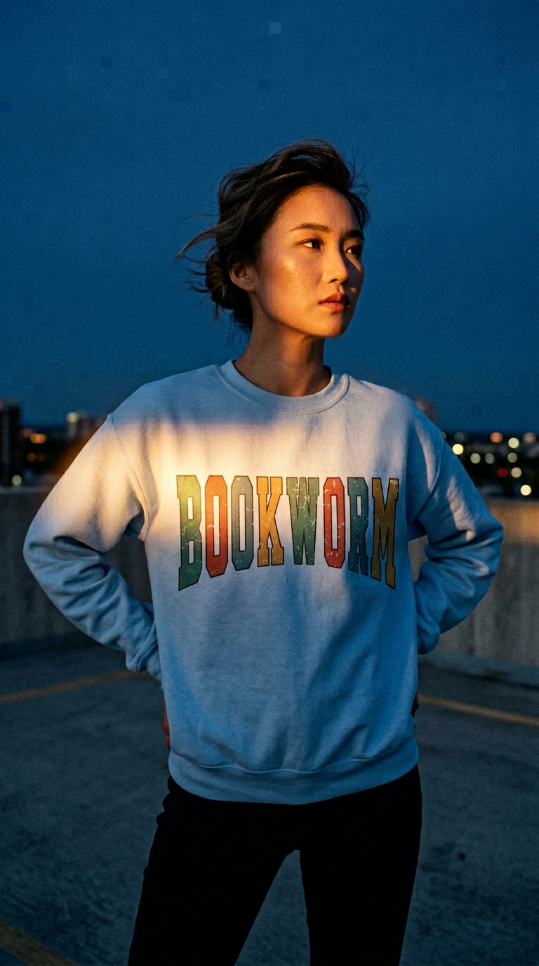 AI product shot of Bookworm Crewneck Sweatshirt — Retro Colorblock Reading Sweatshirt