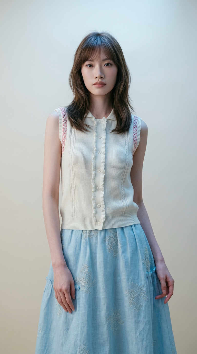 AI product shot of 골지 폴로 나시니트 (Ribbed Polo Sleeveless Knit)