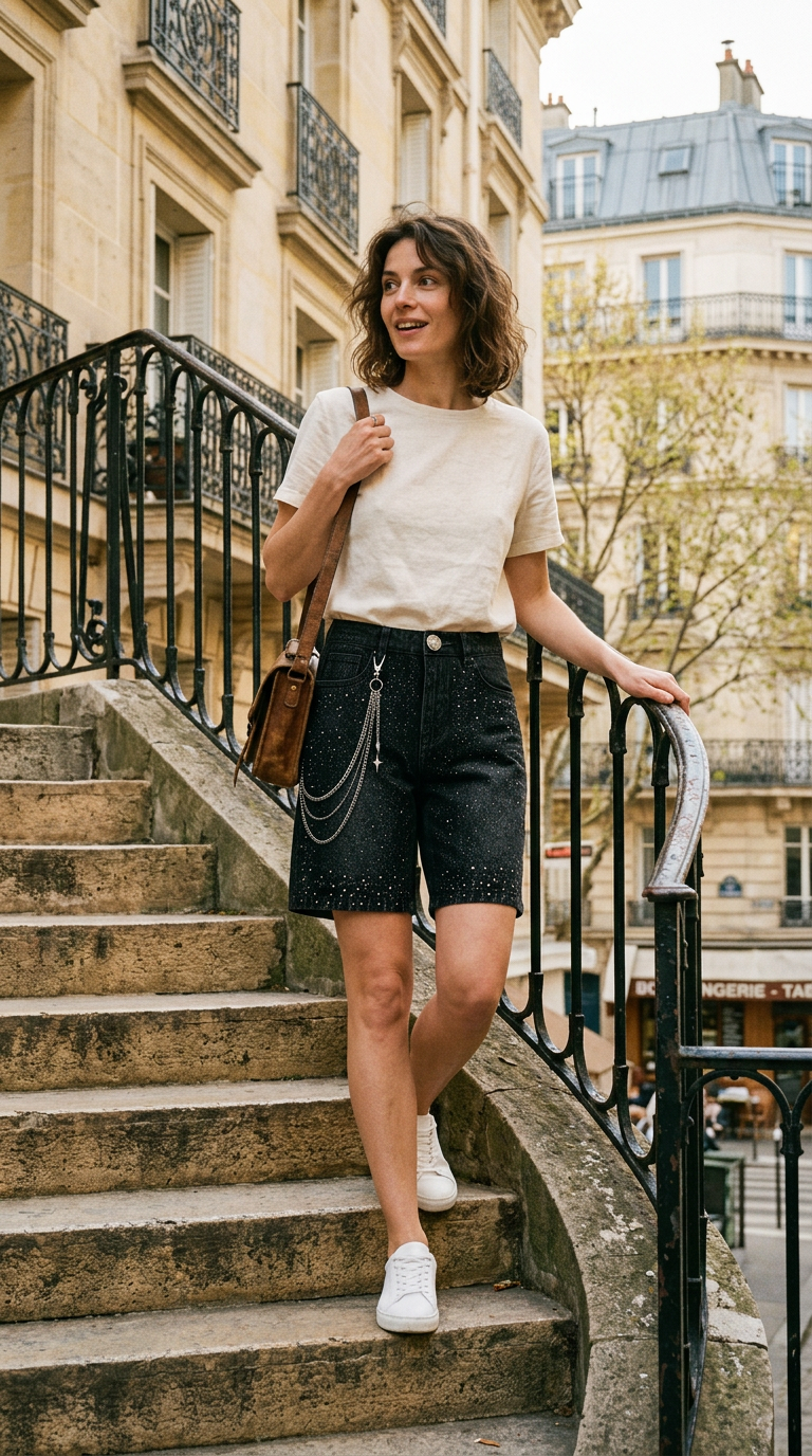 AI product shot of Galaxy Rhinestone Denim Shorts (Black Wash) — Chain Edition