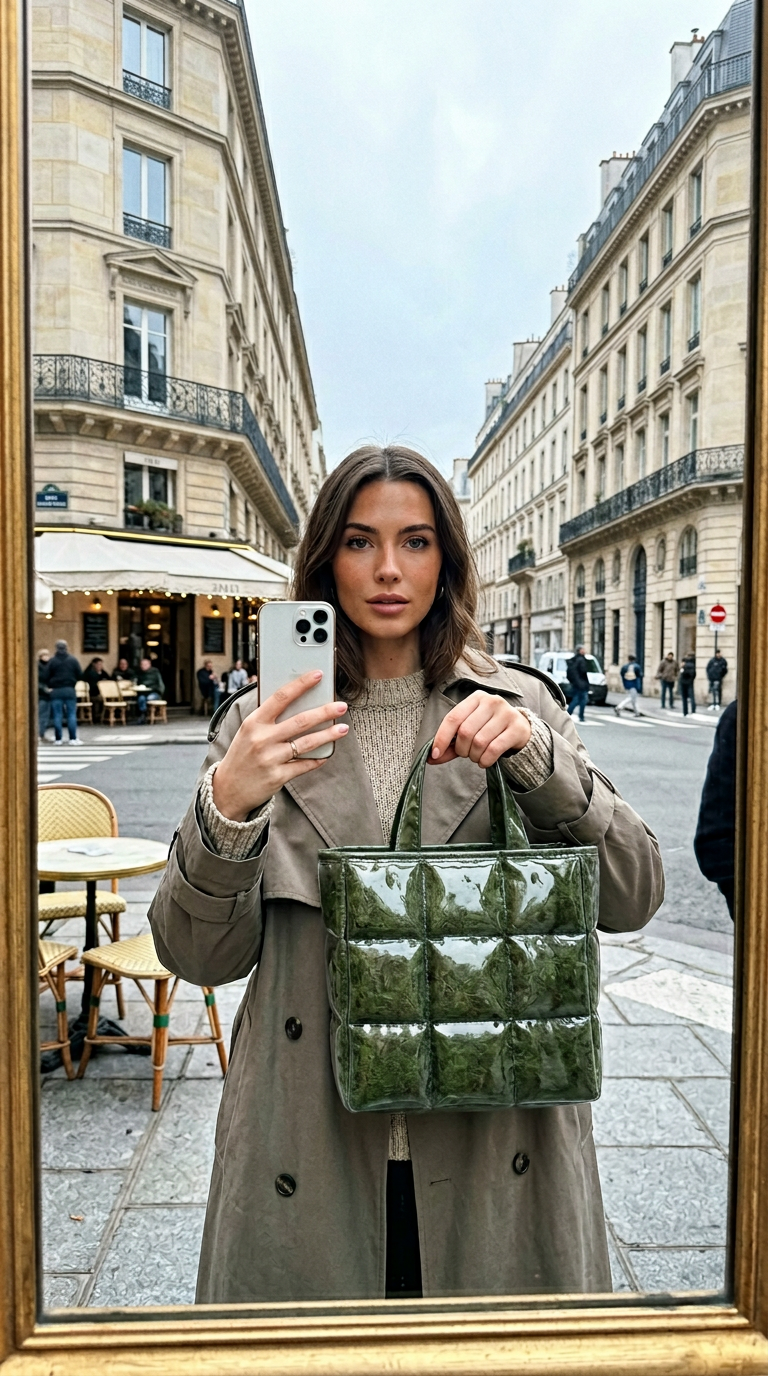 AI product shot of Moss Puffer Handbag