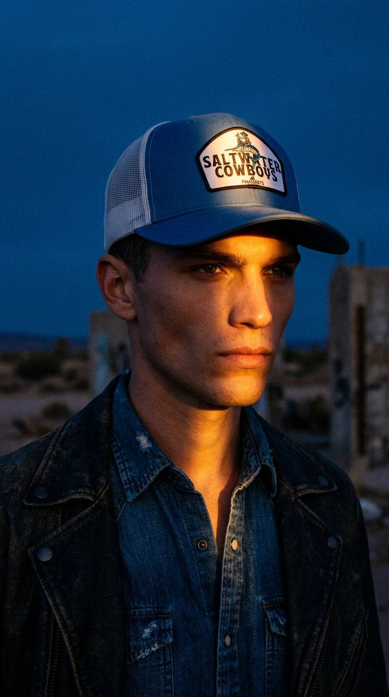 AI product shot of Saltwater Cowboys Hat - Blue Trucker