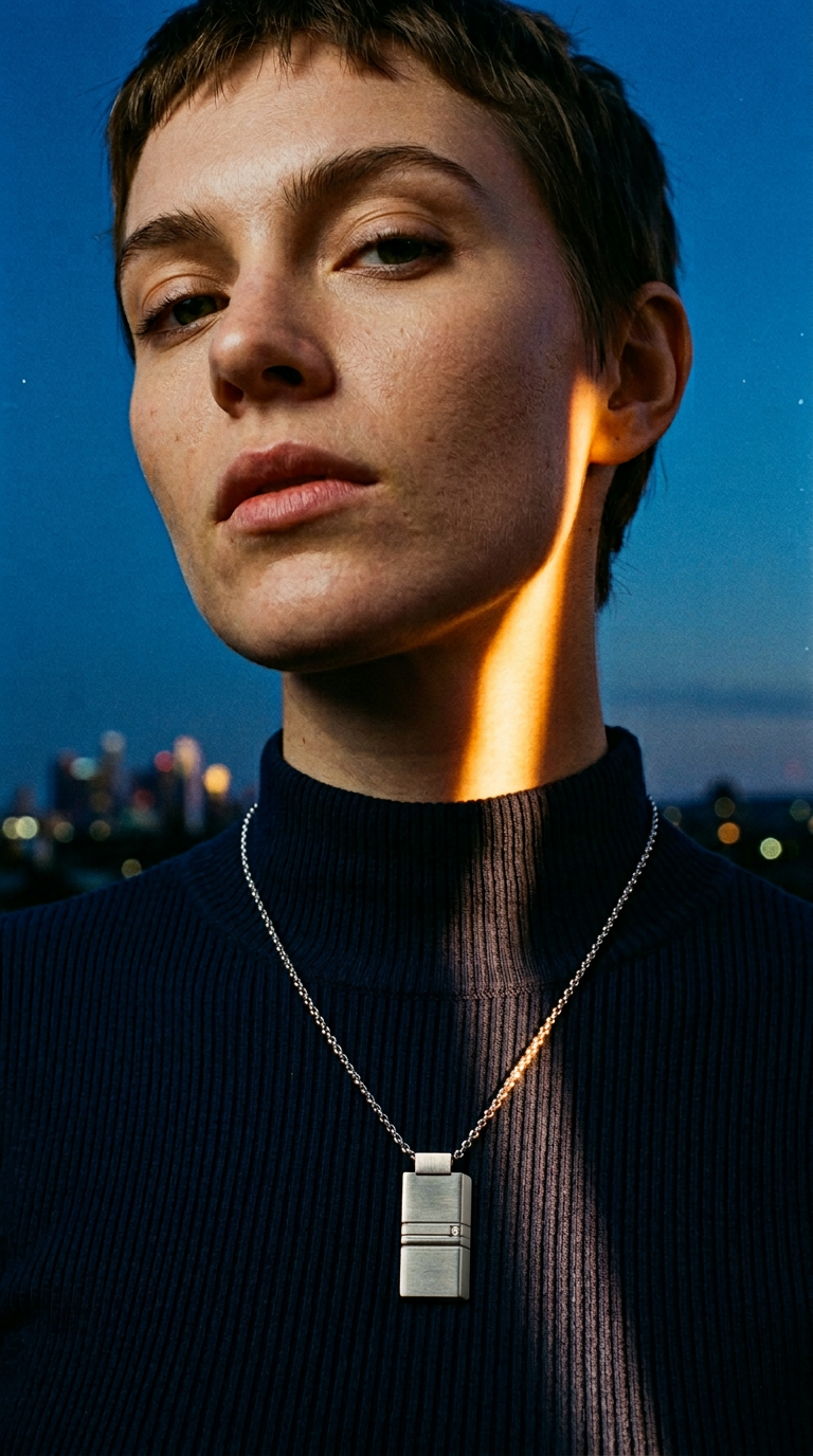 AI product shot of Love Letters necklace with rectangular pendant