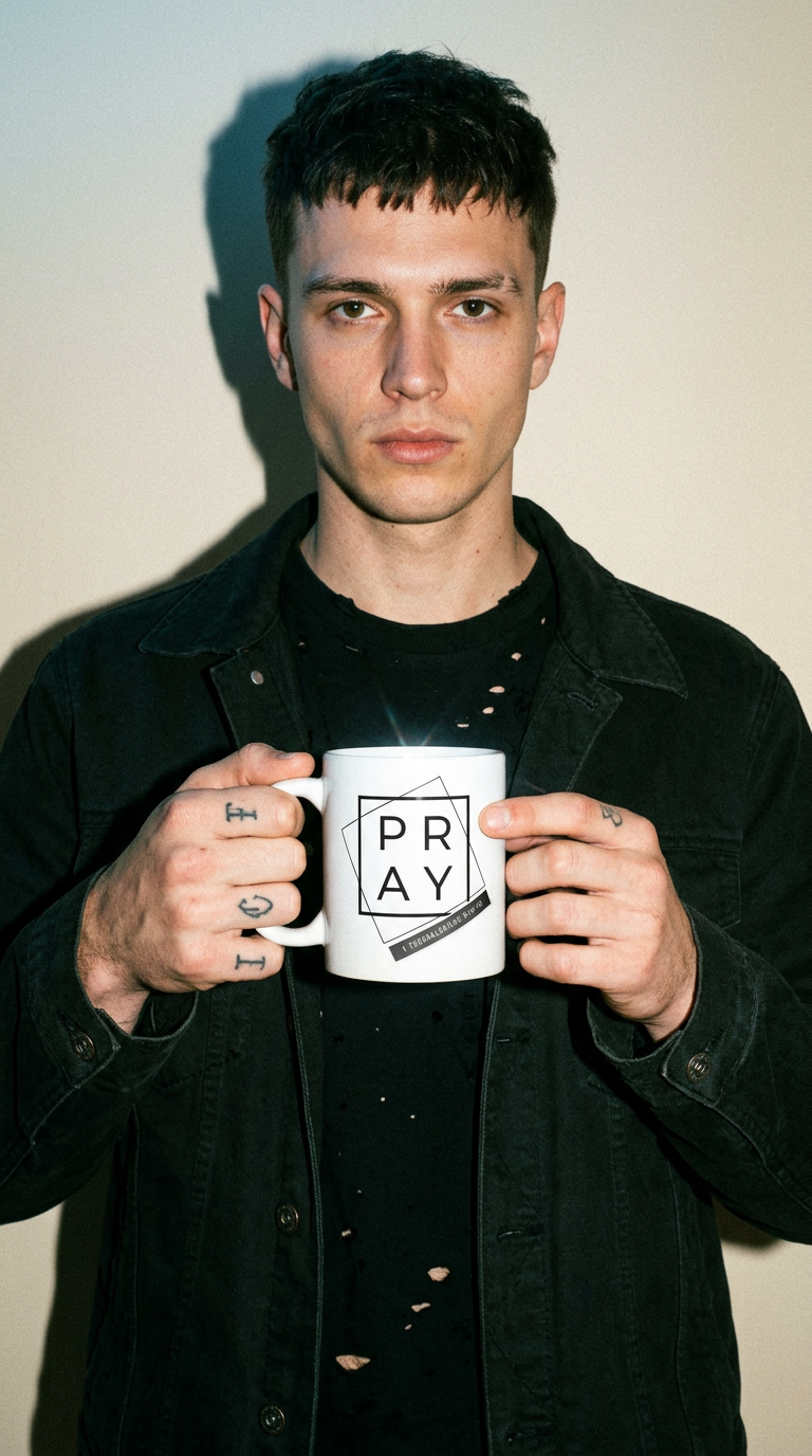 AI product shot of Pray Squares White Mug