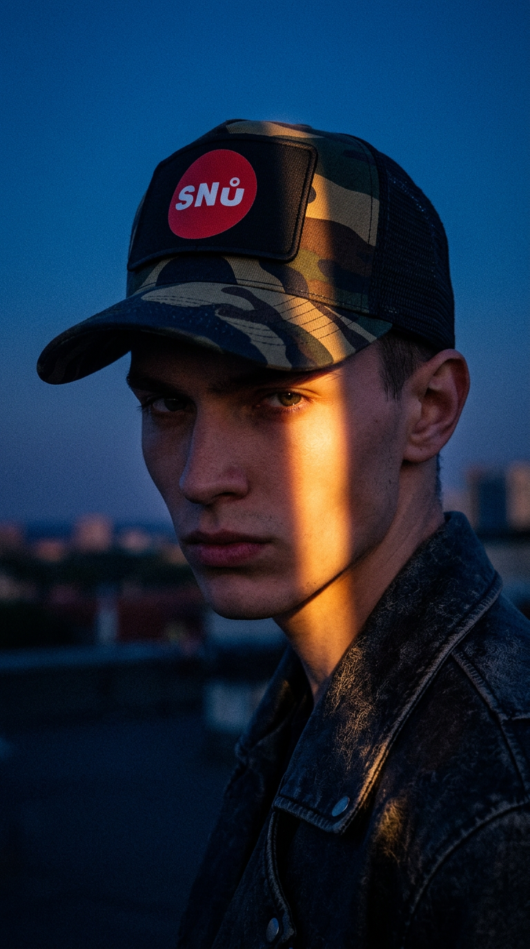 AI product shot of Snů Wear Trucker (Camo)