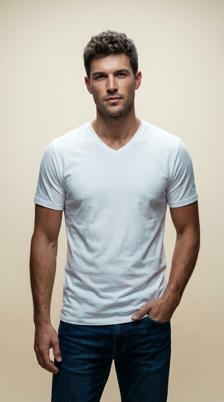 AI product shot of Henry V-Neck T-Shirt: White