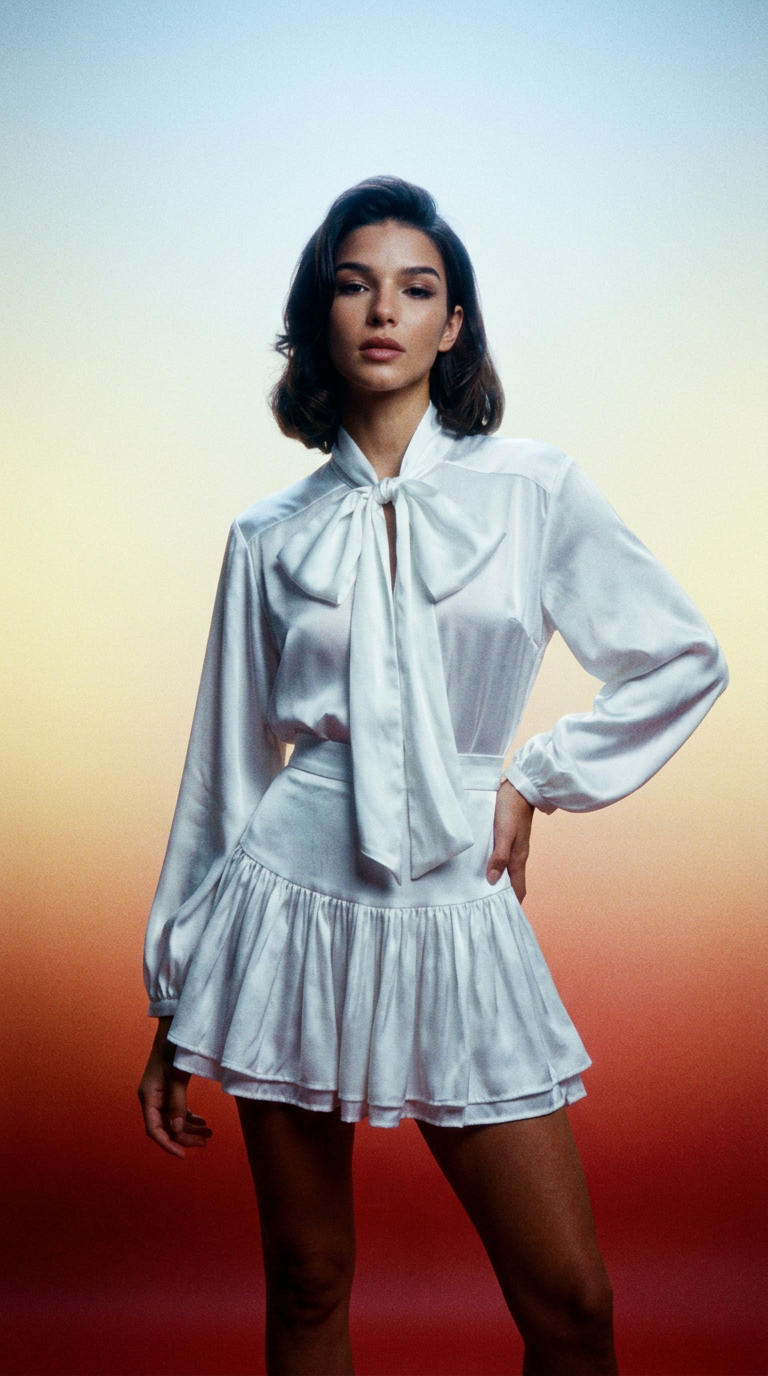 AI product shot of Jade Shimmery Blouse with Skirt