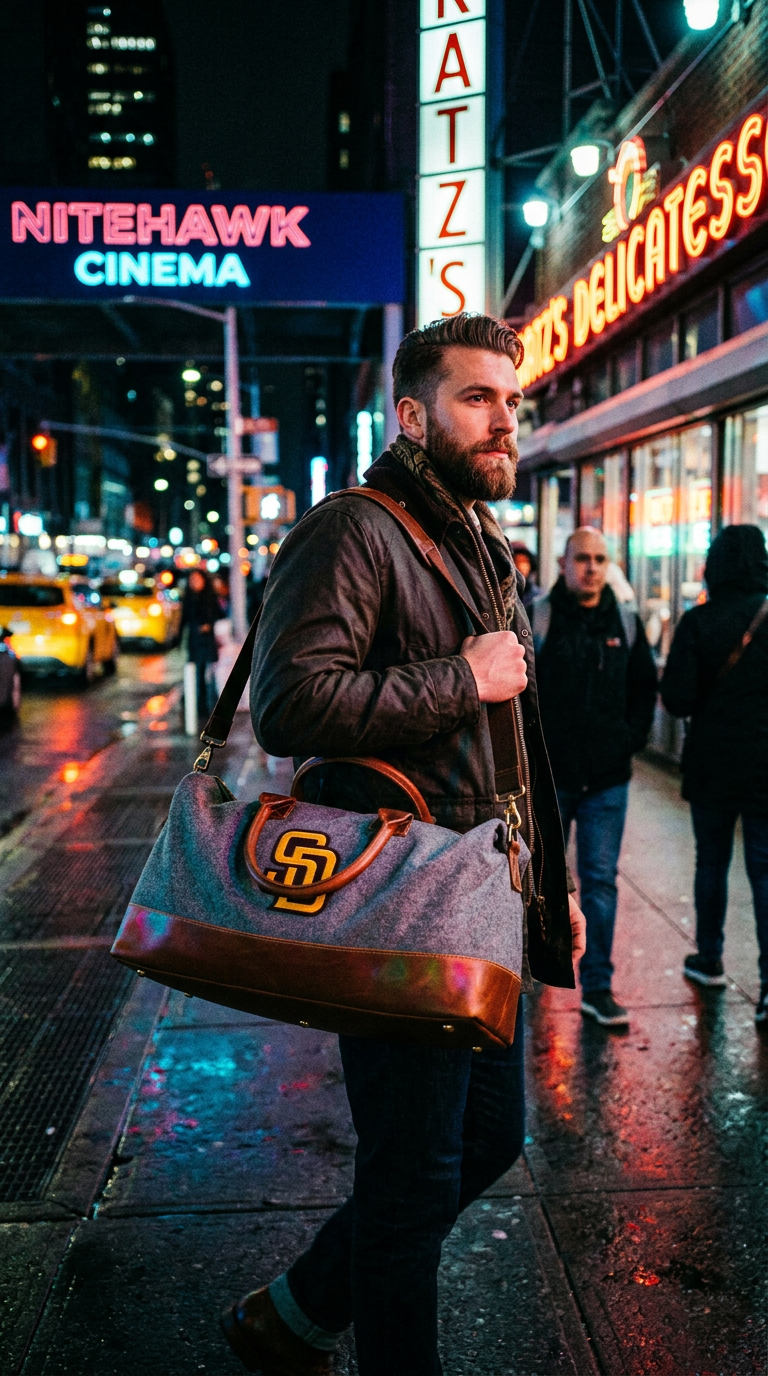 AI product shot of San Diego Padres Yellow Weekender Duffle Bag