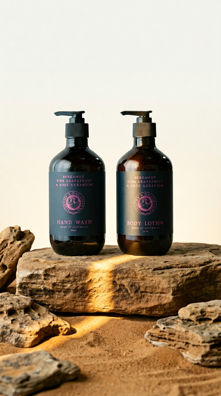 AI product shot of Hand Wash & Body Lotion - Pair of 2 Pumps - Bergamot, Pink Grapefruit and Rose Geranium