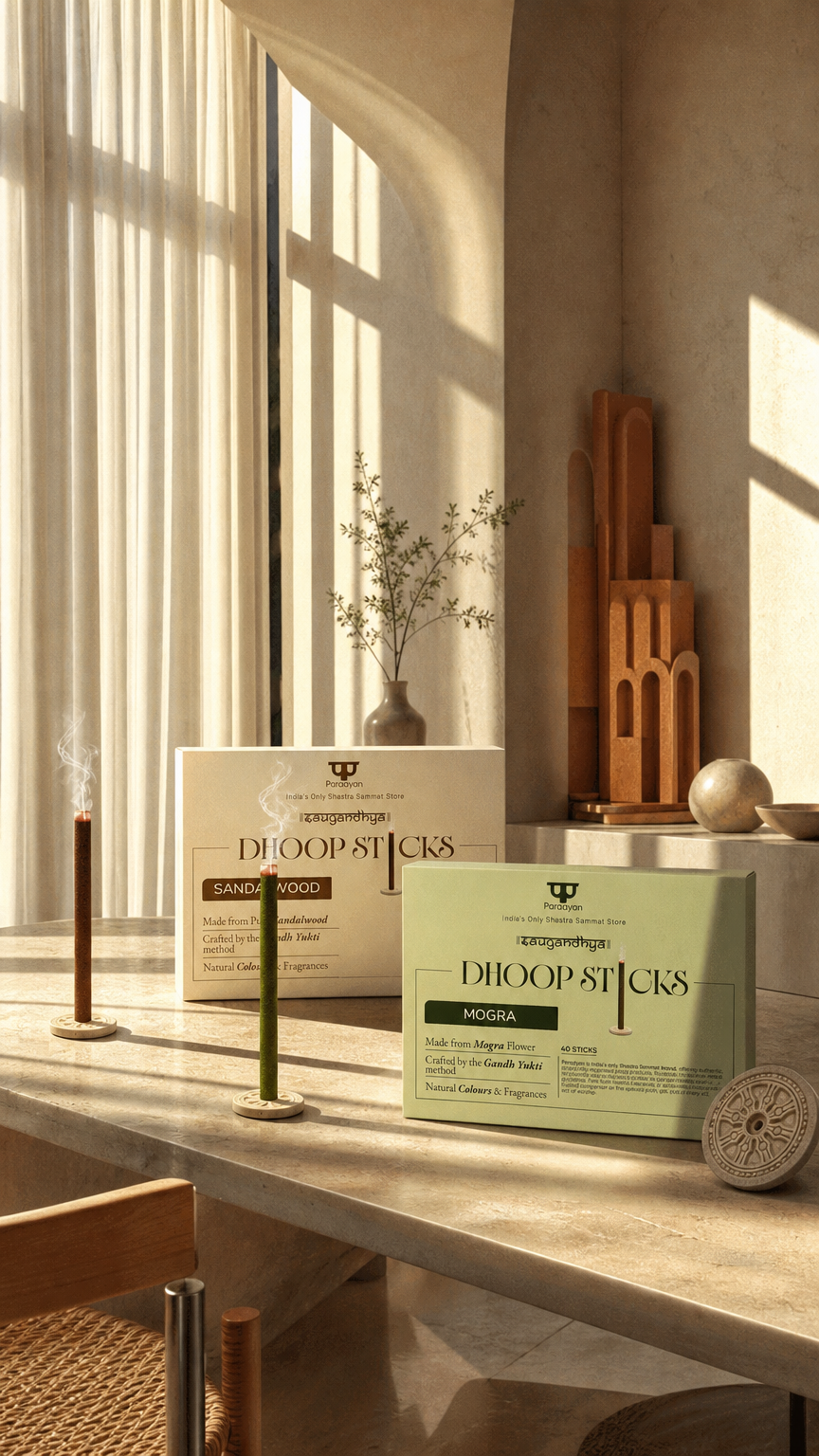AI product shot of Title:  Paraayan Dhoop Sticks Pack of 2 (Sandalwood and Mogra) I 80 Dhoop Sticks I No Bamboo I No Charcoal I Puja Dhoop Sticks with Dharma Rath Chakra Dhoop Stand