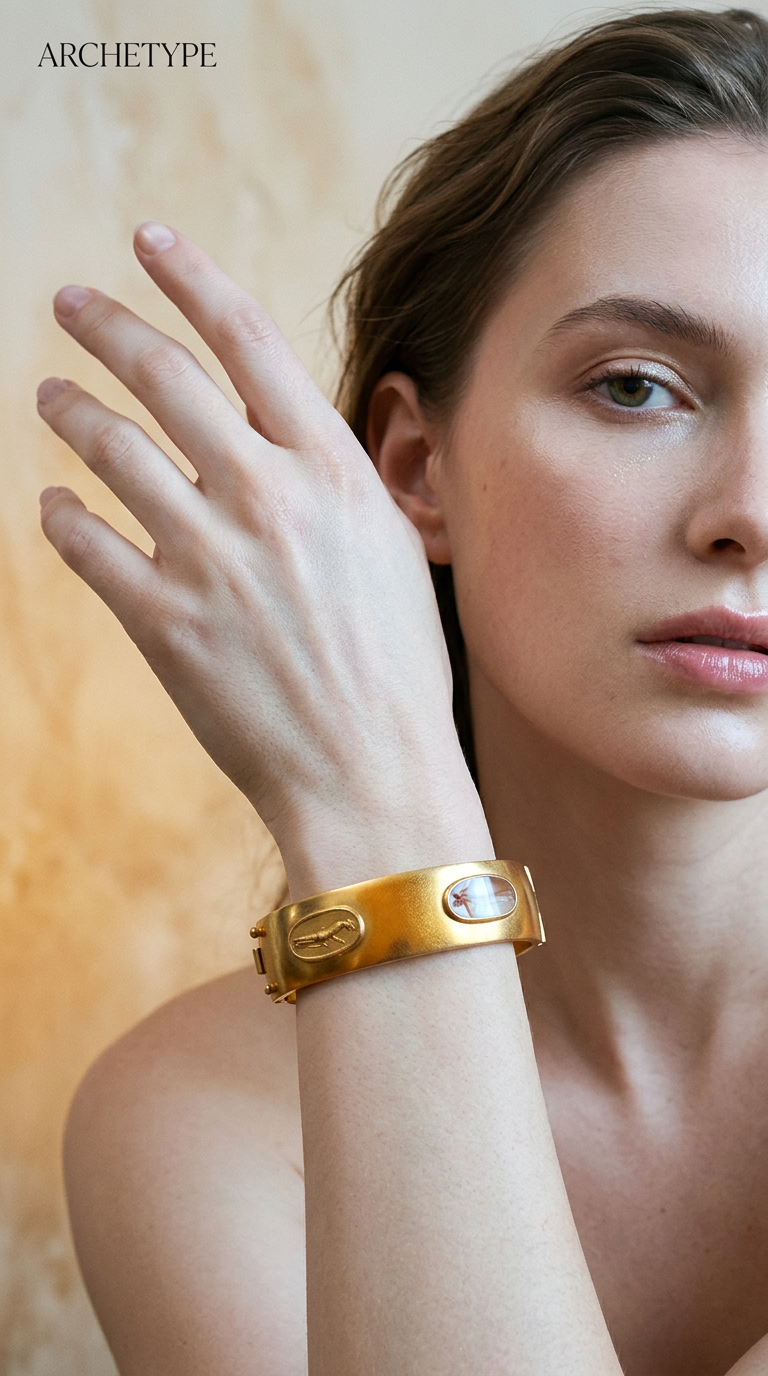 AI product shot of Etruscan Intaglio Rigid Gold Bracelet