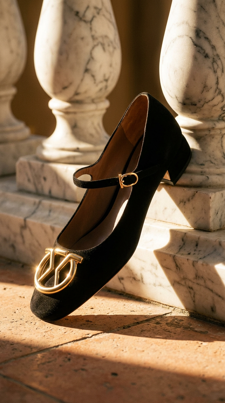 AI product shot of Black Gancini heeled ballerina in suede