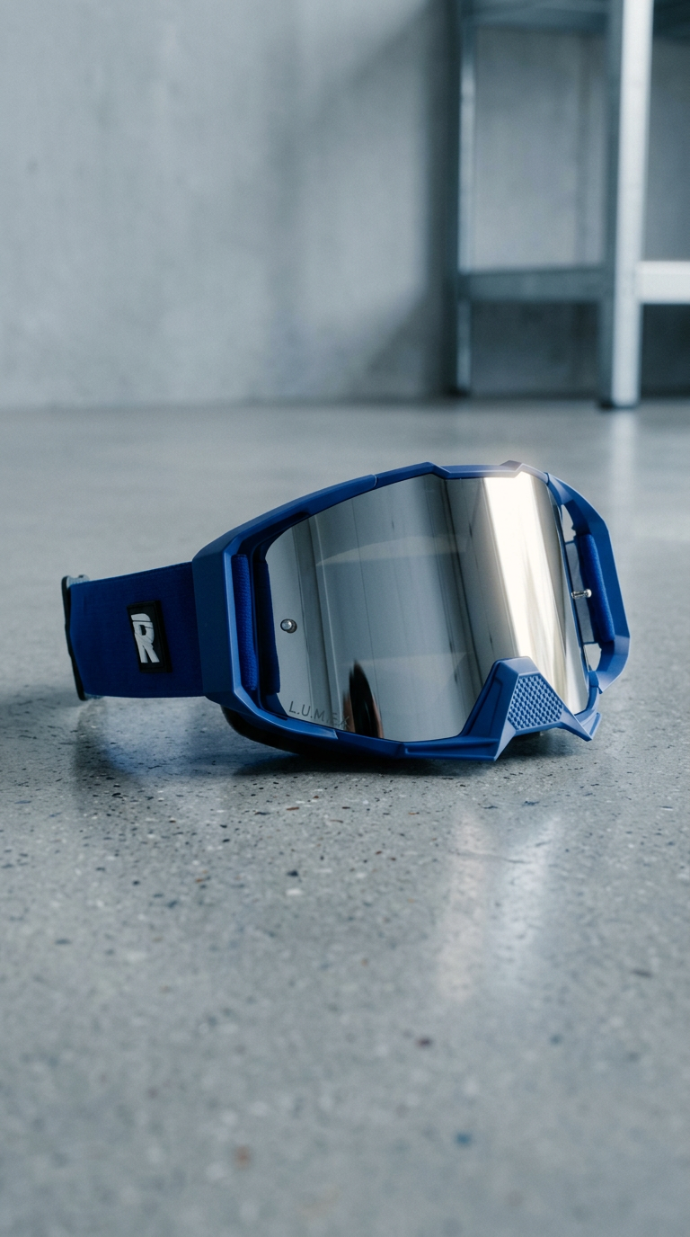 AI product shot of blue motocross goggles
