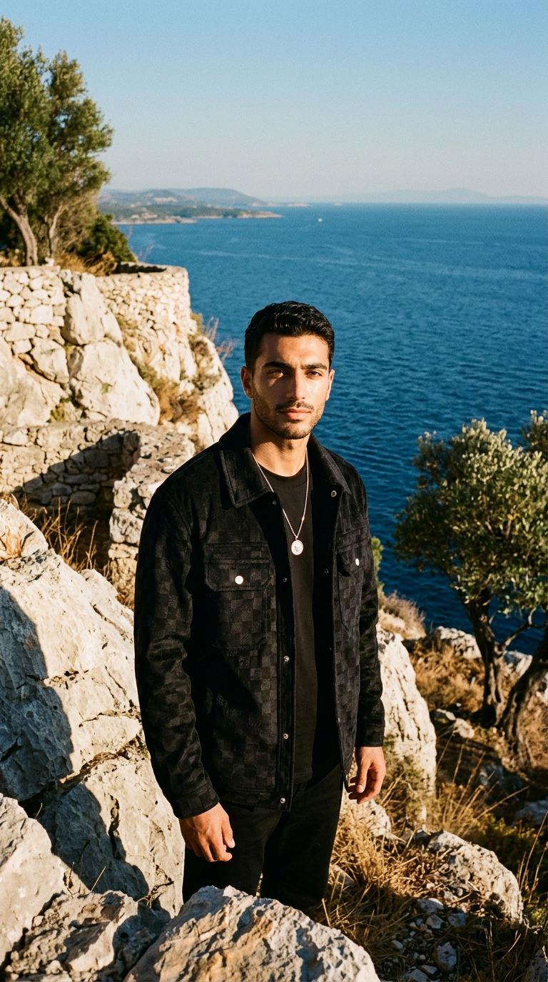 AI product shot of Chequered Black Jacket