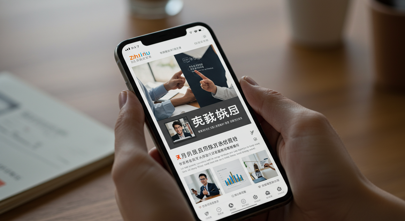 一张特写照片，展示智能手机屏幕上一个吸引人的知乎文章封面，突出其杂志海报风格和关键词排版，强调封面在吸引点击方面的作用。