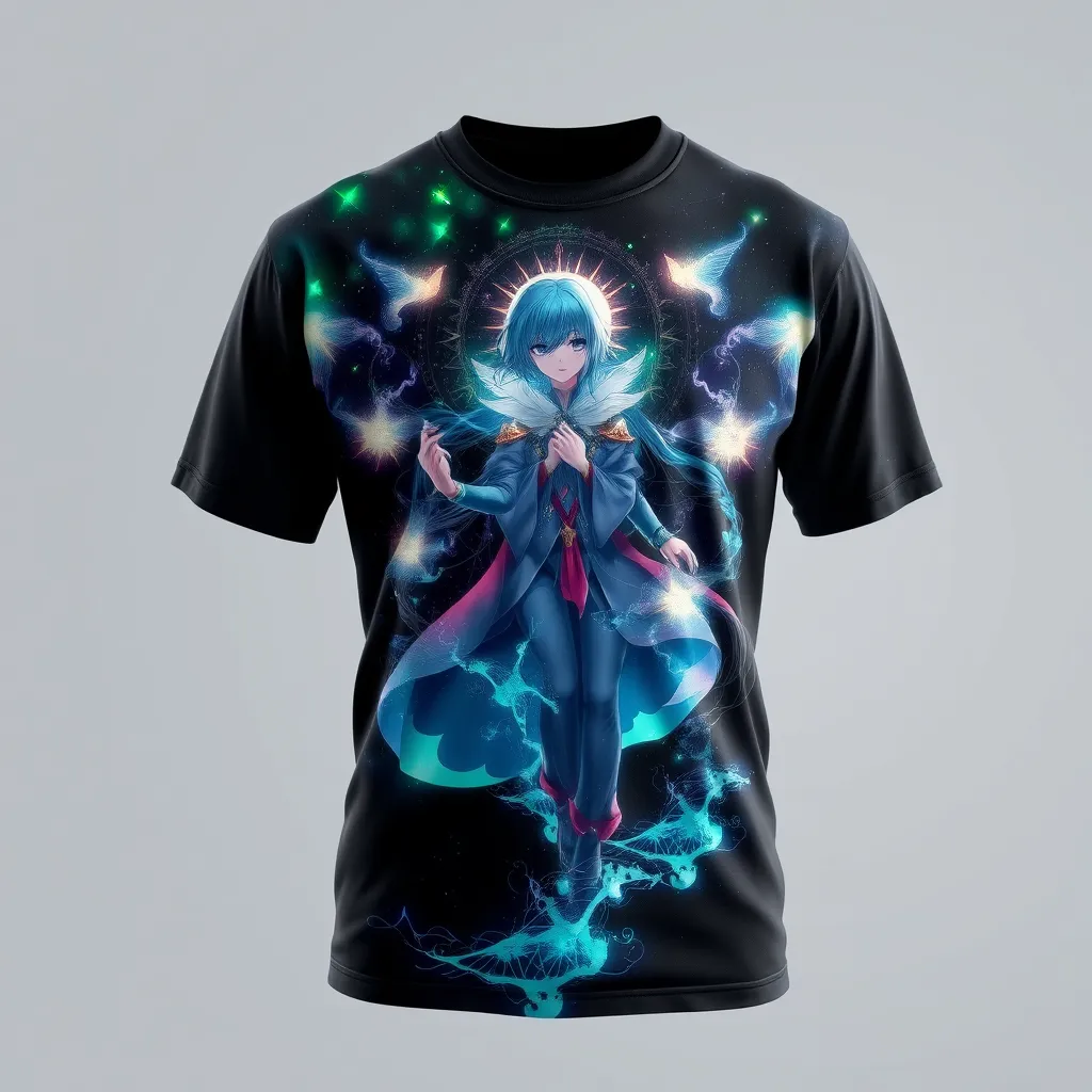 a t-shirt with t-shirt with a mystical anime figure surrounded by glowing spirits and ethereal patterns, set against a dark background with green and blue highlights for a magical and otherworldly look, a t-shirt with short sleeves, static shot, fashion shirt, a shirt set against a solid-colored background, with contrast between background and shirt, on a solid light-gray studio background, realistic shirt concept