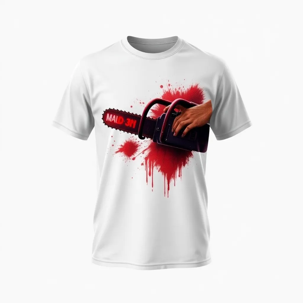 a t-shirt with t-shirt with a highly detailed illustration of the iconic chainsaw scene, with vivid reds and dark contrasts, capturing the film’s intense atmosphere, a t-shirt with short sleeves, static shot, fashion shirt, a shirt set against a solid-colored background, with contrast between background and shirt, on a solid light-gray studio background, realistic shirt concept