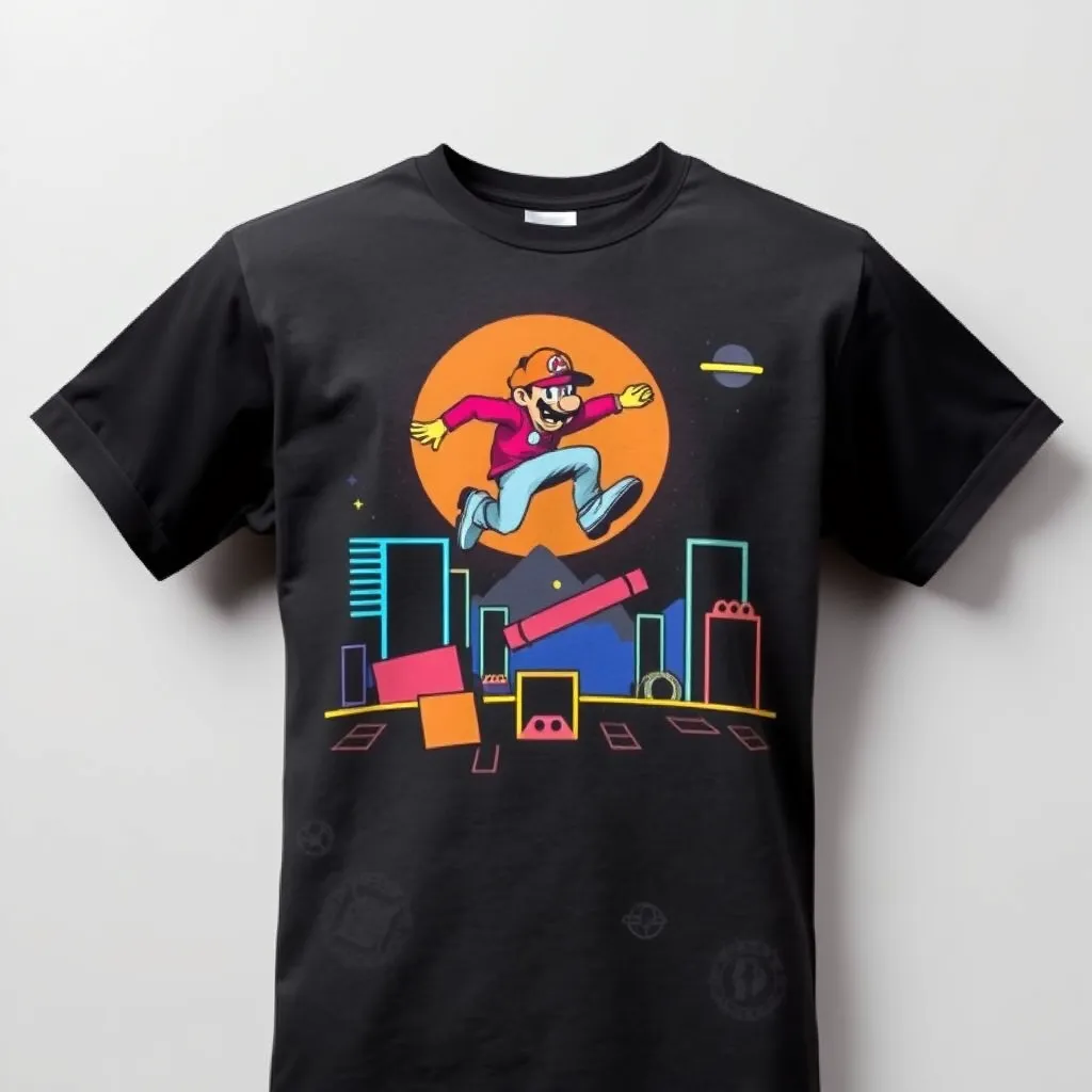 a t-shirt with t-shirt featuring an iconic 8-bit pixel art character jumping over obstacles, with vibrant colors and a retro arcade background evoking nostalgic gaming vibes, a t-shirt with short sleeves, static shot, fashion shirt, a shirt set against a solid-colored background, with contrast between background and shirt, on a solid light-gray studio background, realistic shirt concept
