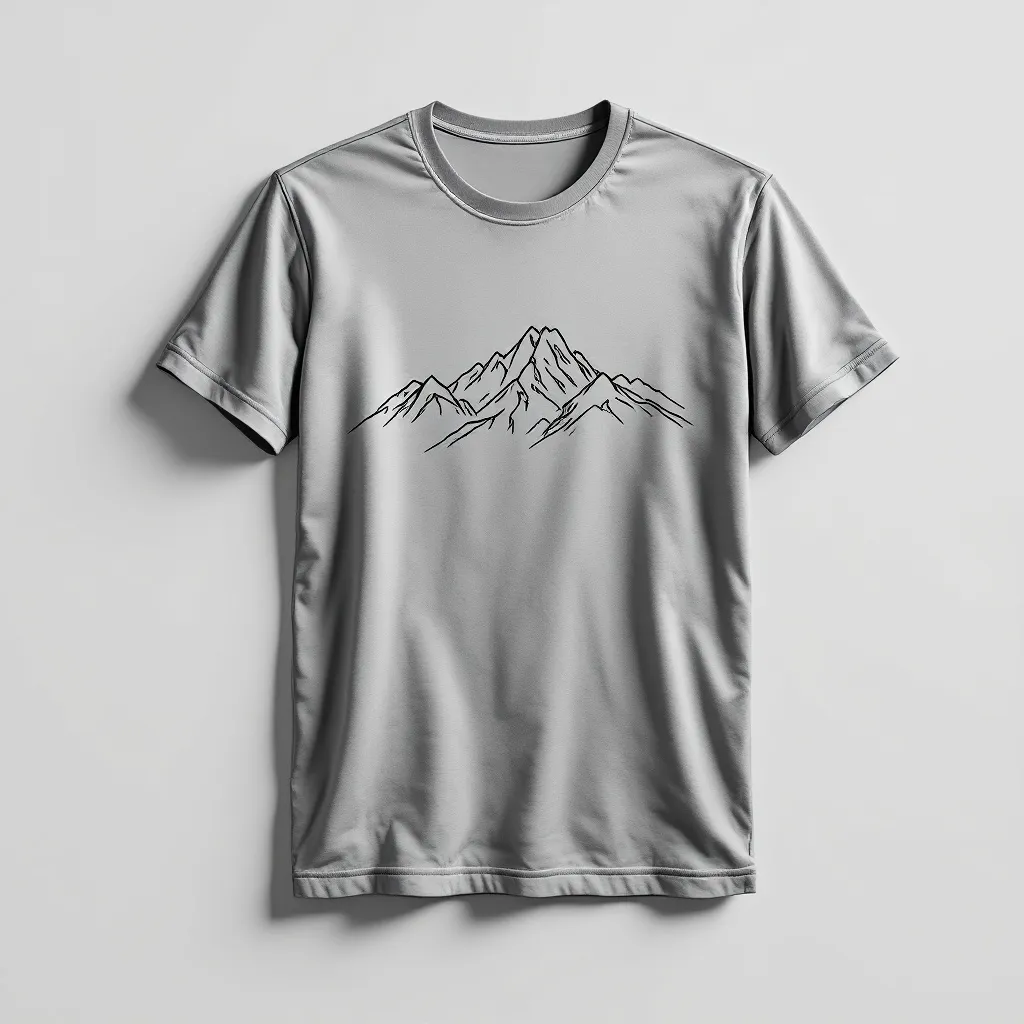 A themed t-shirt with a nature print. t-shirt with a single-line drawing of a mountain range stretching across the chest, set against a soft gray background for a minimalist and subtle design, a t-shirt with short sleeves, static shot, fashion shirt, a shirt set against a solid-colored background, with contrast between background and shirt, on a solid light-gray studio background, realistic shirt concept