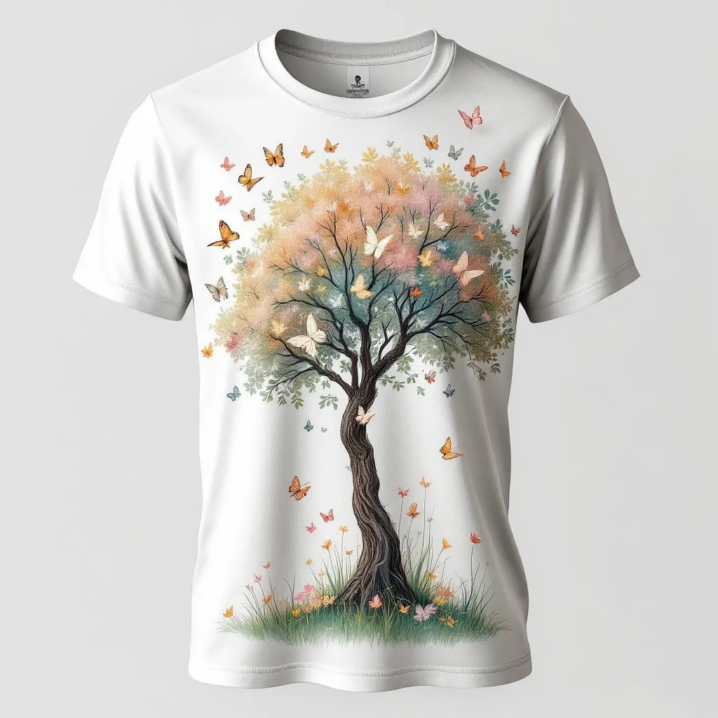 A themed t-shirt with a tree print. t-shirt with a tree surrounded by fluttering butterflies, using pastel colors and soft lines to create a whimsical and dreamlike design'
```, a t-shirt with short sleeves, static shot, fashion shirt, a shirt set against a solid-colored background, with contrast between background and shirt, on a solid light-gray studio background, realistic shirt concept