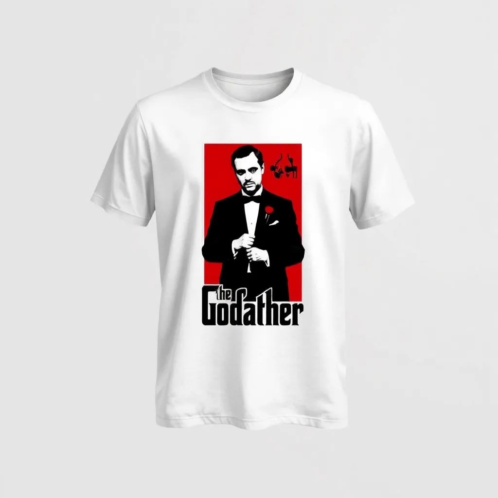 A themed t-shirt with a the godfather print. A t-shirt with a the godfather print, a t-shirt with short sleeves, static shot, fashion shirt, a shirt set against a solid-colored background, with contrast between background and shirt, on a solid light-gray studio background, realistic shirt concept