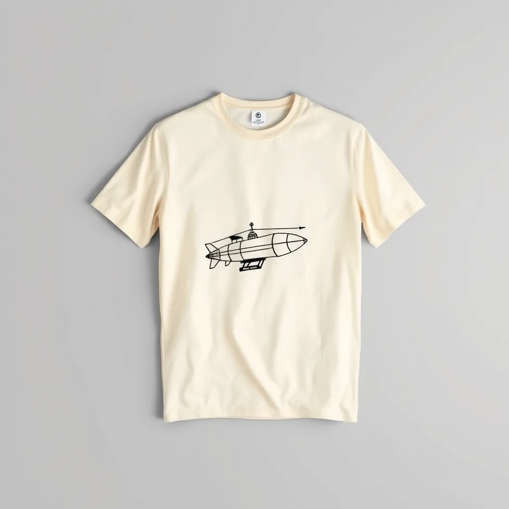 a t-shirt with t-shirt with a minimalist steampunk airship design in black, centrally positioned on a cream-colored shirt for a subtle and sophisticated look, a t-shirt with short sleeves, static shot, fashion shirt, a shirt set against a solid-colored background, with contrast between background and shirt, on a solid light-gray studio background, realistic shirt concept