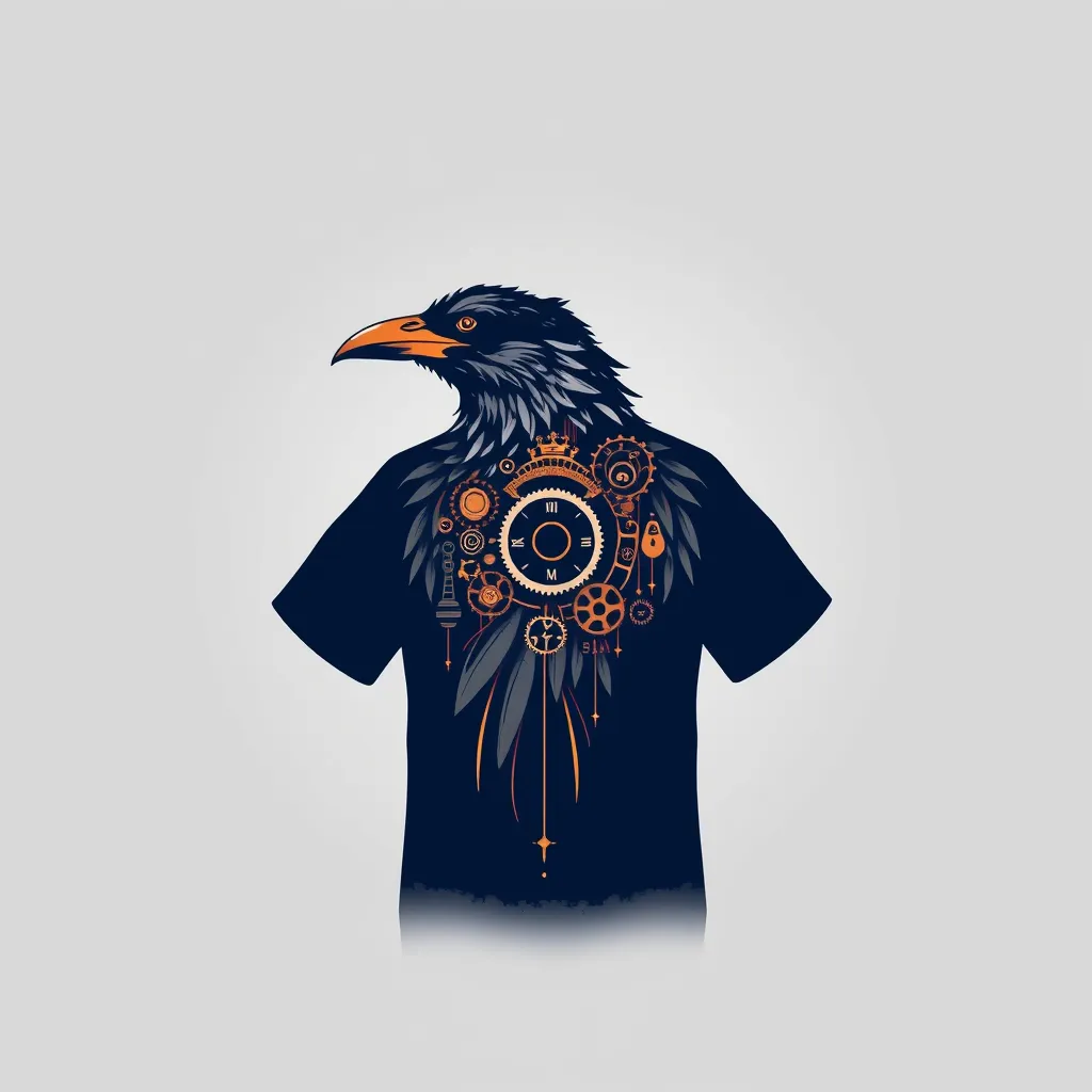 a t-shirt with t-shirt with a silhouette of a steampunk raven with intricate cog and gear details, centered on a dark navy shirt with copper accents for a striking and minimalist look, a t-shirt with short sleeves, static shot, fashion shirt, a shirt set against a solid-colored background, with contrast between background and shirt, on a solid light-gray studio background, realistic shirt concept