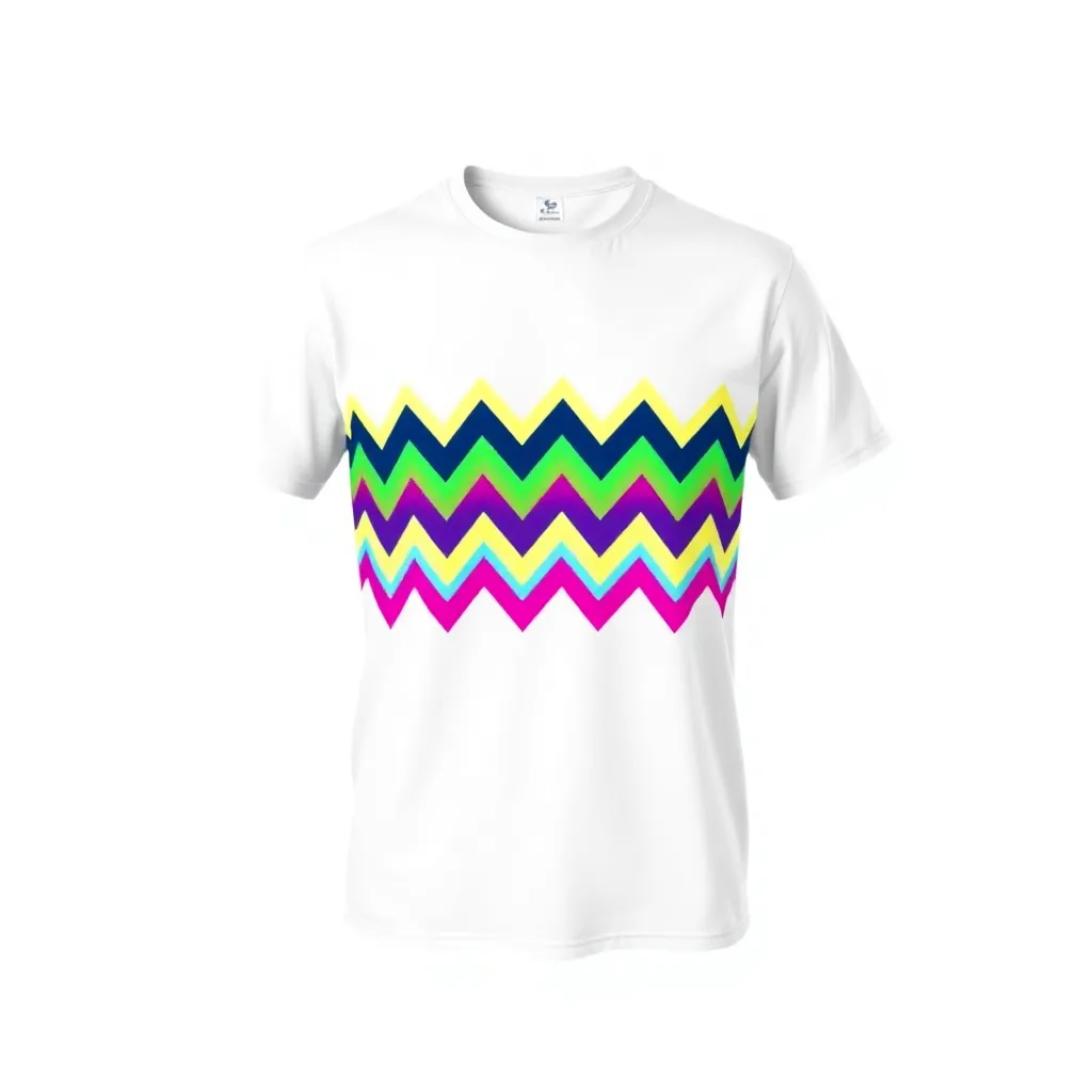 a t-shirt with t-shirt with a bold, zigzag pattern in neon colors, reminiscent of 80s graphic design, on a plain white or black background for a retro yet stylish look, a t-shirt with short sleeves, static shot, fashion shirt, a shirt set against a solid-colored background, with contrast between background and shirt, on a solid light-gray studio background, realistic shirt concept