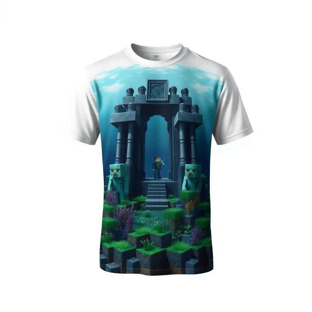 A themed t-shirt with a minecraft print. t-shirt with an underwater Minecraft temple scene, with guardians, coral, and seagrass, in shades of blue and green to evoke the mysterious depths, a t-shirt with short sleeves, static shot, fashion shirt, a shirt set against a solid-colored background, with contrast between background and shirt, on a solid light-gray studio background, realistic shirt concept