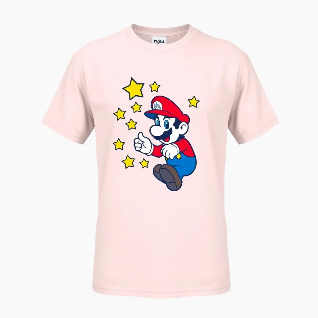 A themed t-shirt with a super mario print. t-shirt with a retro pixel art depiction of Mario collecting stars, using classic primary colors for a nostalgic, vintage gaming vibe, a t-shirt with short sleeves, static shot, fashion shirt, a shirt set against a solid-colored background, with contrast between background and shirt, on a solid light-gray studio background, realistic shirt concept