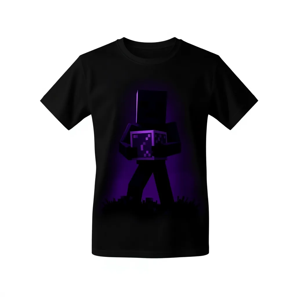 A themed t-shirt with a minecraft print. t-shirt with a silhouette of a Minecraft Enderman holding a block, against a black shirt, emphasizing the mysterious aura in shades of purple and black, a t-shirt with short sleeves, static shot, fashion shirt, a shirt set against a solid-colored background, with contrast between background and shirt, on a solid light-gray studio background, realistic shirt concept