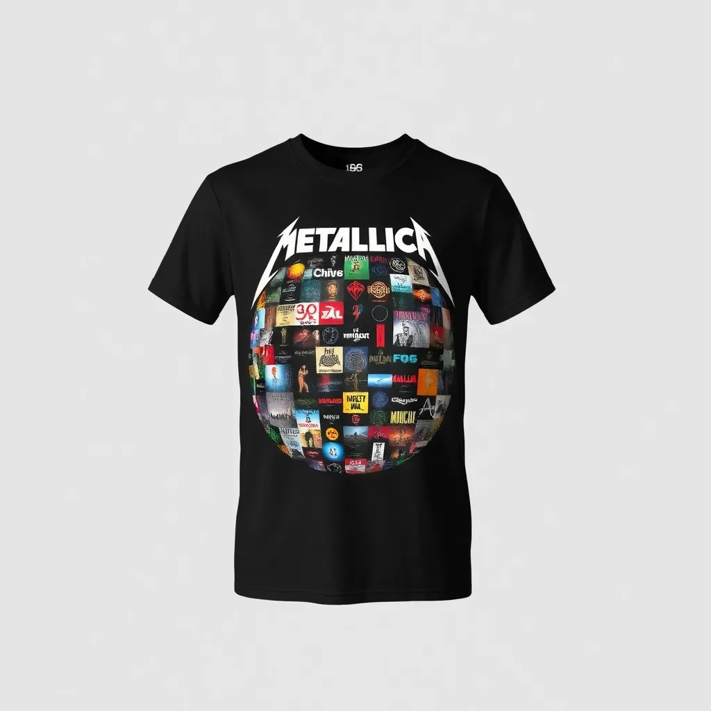 a t-shirt with t-shirt with a Metallica album collage forming a large, detailed mosaic in the center, using vibrant colors to highlight their discography, a t-shirt with short sleeves, static shot, fashion shirt, a shirt set against a solid-colored background, with contrast between background and shirt, on a solid light-gray studio background, realistic shirt concept