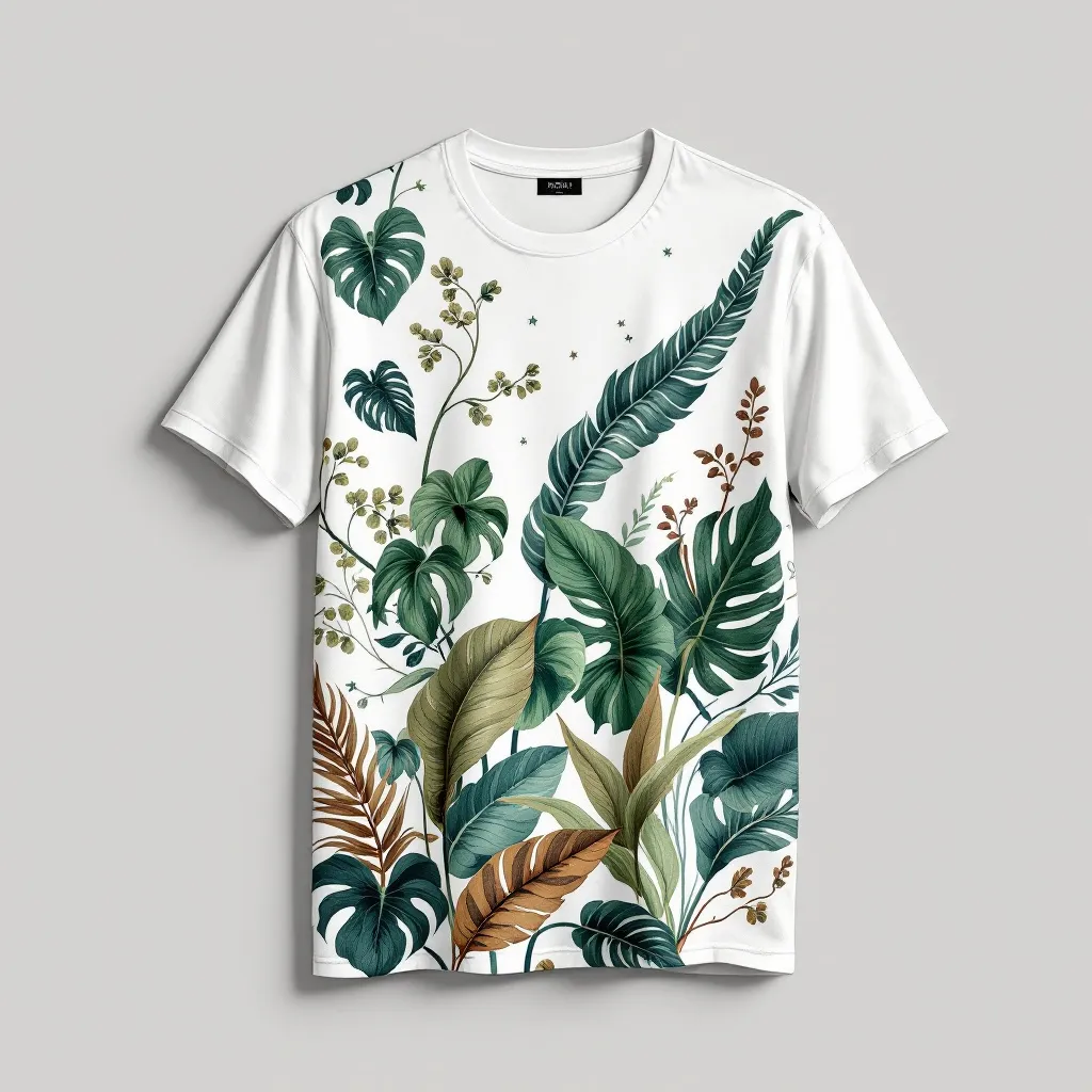 A themed t-shirt with a plant print. t-shirt with an intricate botanical illustration featuring a collection of diverse plant leaves, elegantly arranged in greens and browns, evoking a classic and sophisticated feel, a t-shirt with short sleeves, static shot, fashion shirt, a shirt set against a solid-colored background, with contrast between background and shirt, on a solid light-gray studio background, realistic shirt concept