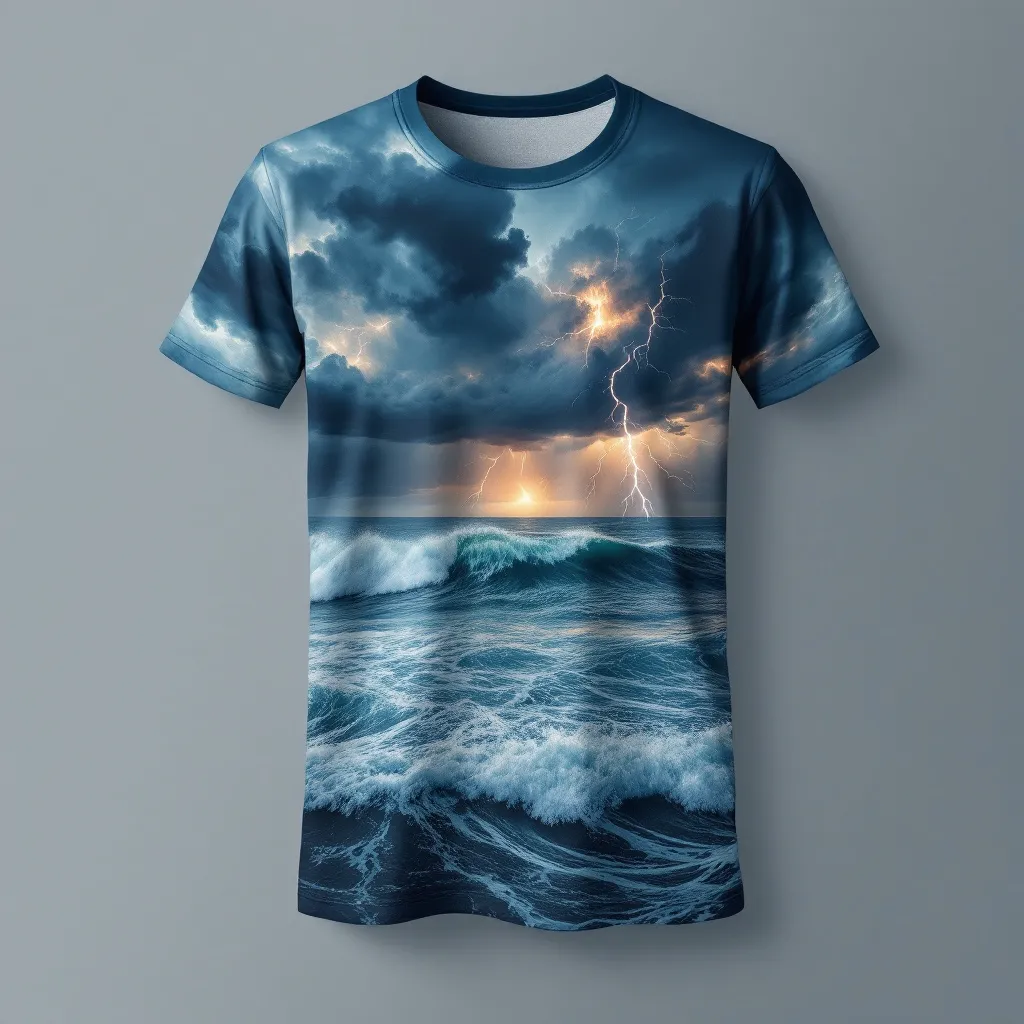 A themed t-shirt with a nature print. t-shirt with a dramatic thunderstorm over a rolling ocean, with dark clouds, crashing waves, and flashes of lightning creating an intense, powerful scene'
```, a t-shirt with short sleeves, static shot, fashion shirt, a shirt set against a solid-colored background, with contrast between background and shirt, on a solid light-gray studio background, realistic shirt concept