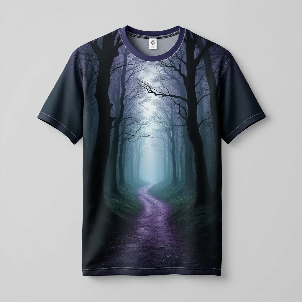 A themed t-shirt with a forest print. t-shirt with a mystical forest path leading into a misty unknown, with hues of dark purple and green, evoking a sense of mystery and adventure, a t-shirt with short sleeves, static shot, fashion shirt, a shirt set against a solid-colored background, with contrast between background and shirt, on a solid light-gray studio background, realistic shirt concept