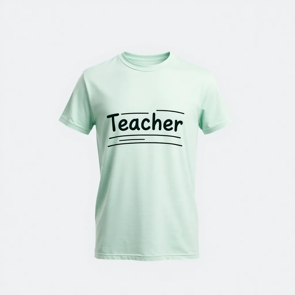 a t-shirt with teacher themed print, a t-shirt with short sleeves, static shot, fashion shirt, a shirt set against a solid-colored background, with contrast between background and shirt, on a solid light-gray studio background, realistic shirt concept